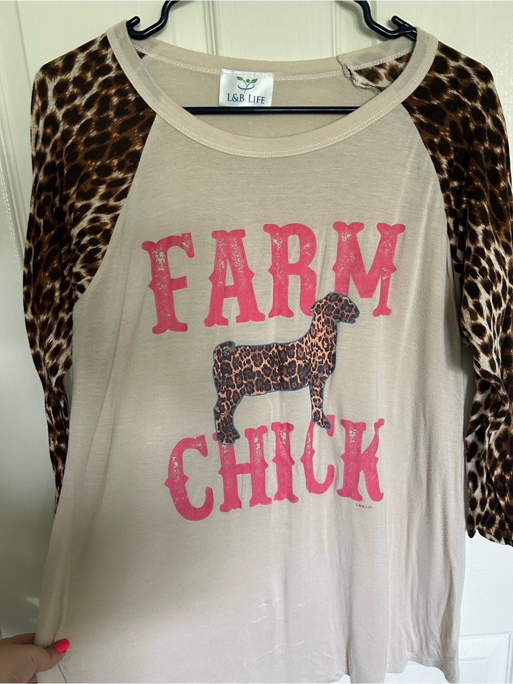 Farm Chick Pink and Leopard Print Raglan Tee| Women’s Large - Picture 2 of 4